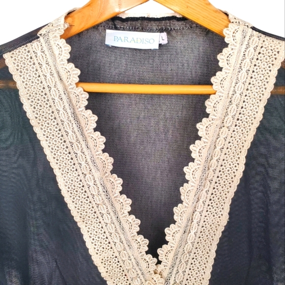 Paradiso Sheer Blouse. Black with lace and bead embellishments. LG - Picture 2 of 13